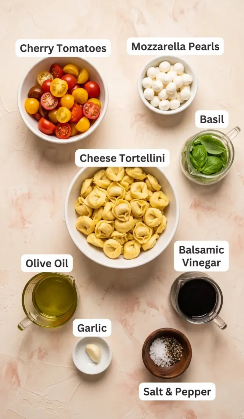 all 8 ingredients for tortellini caprese pasta salad arranged on a cream and blush plaster surface