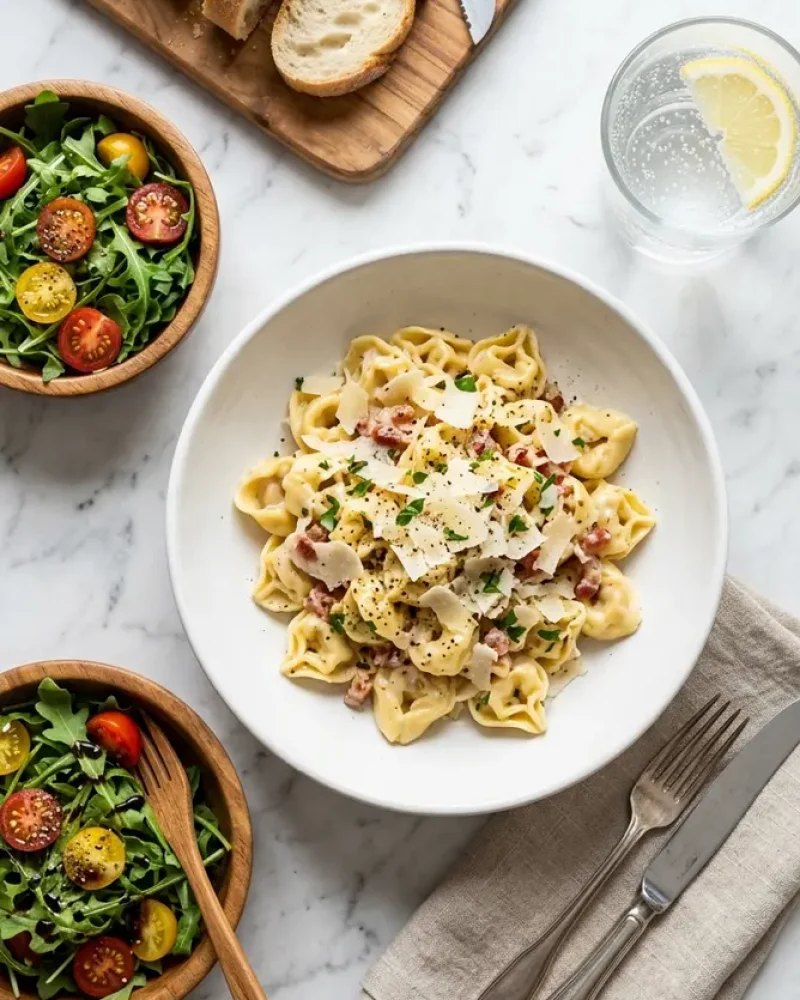 Overhead view of Tortellini Carbonara with salad, bread, and water