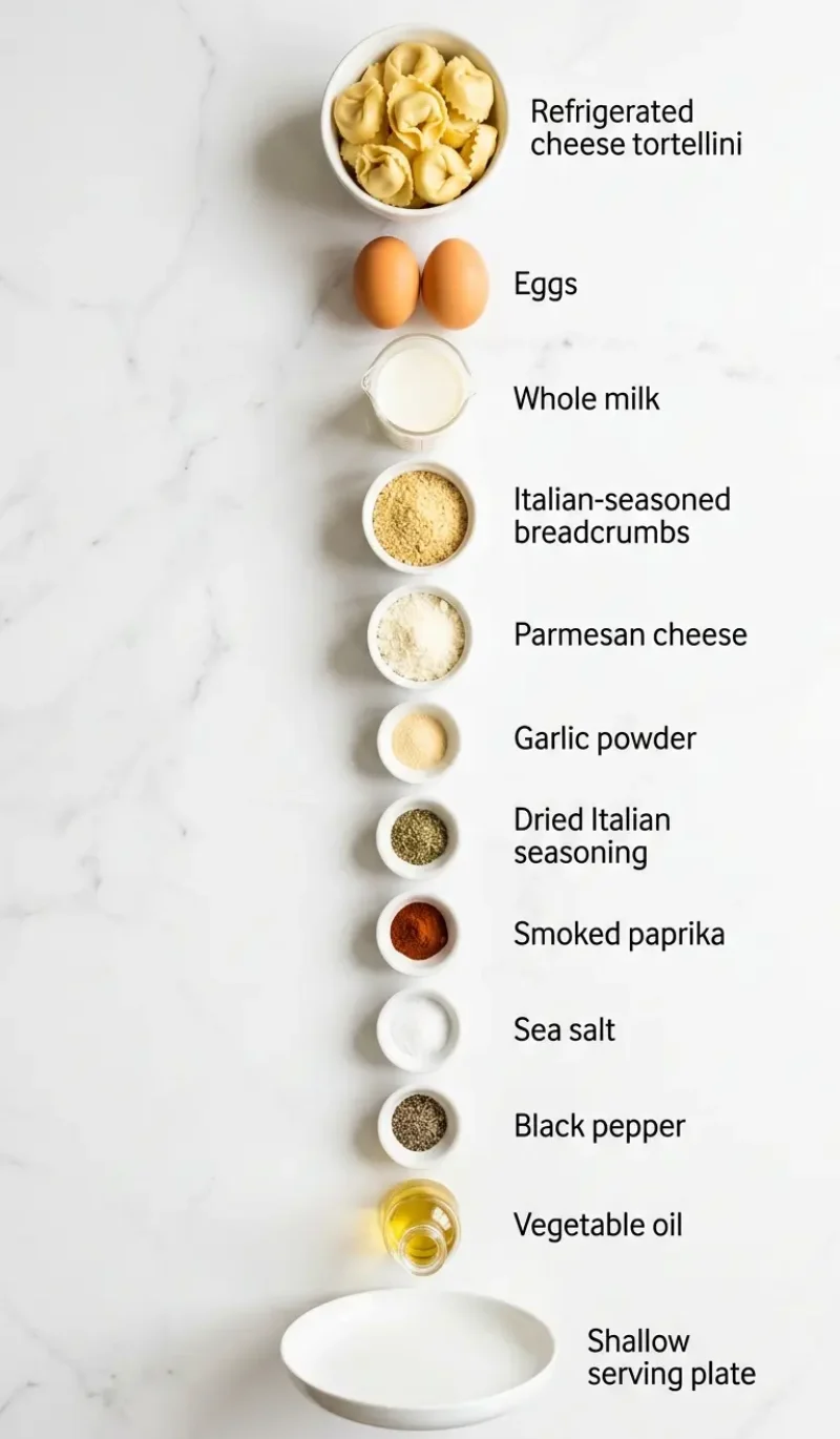 Exploded view of all 12 ingredients for tortellini poppers arranged vertically on white marble