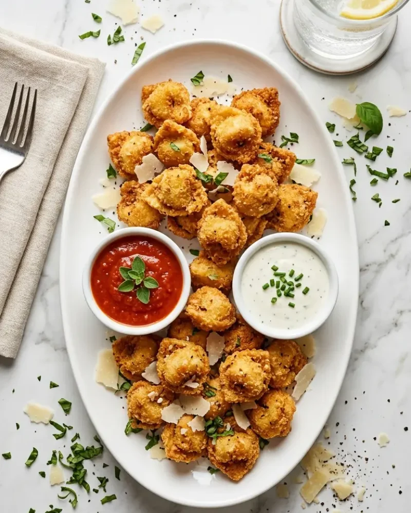 overhead view of crispy tortellini poppers on a party platter with dipping sauces