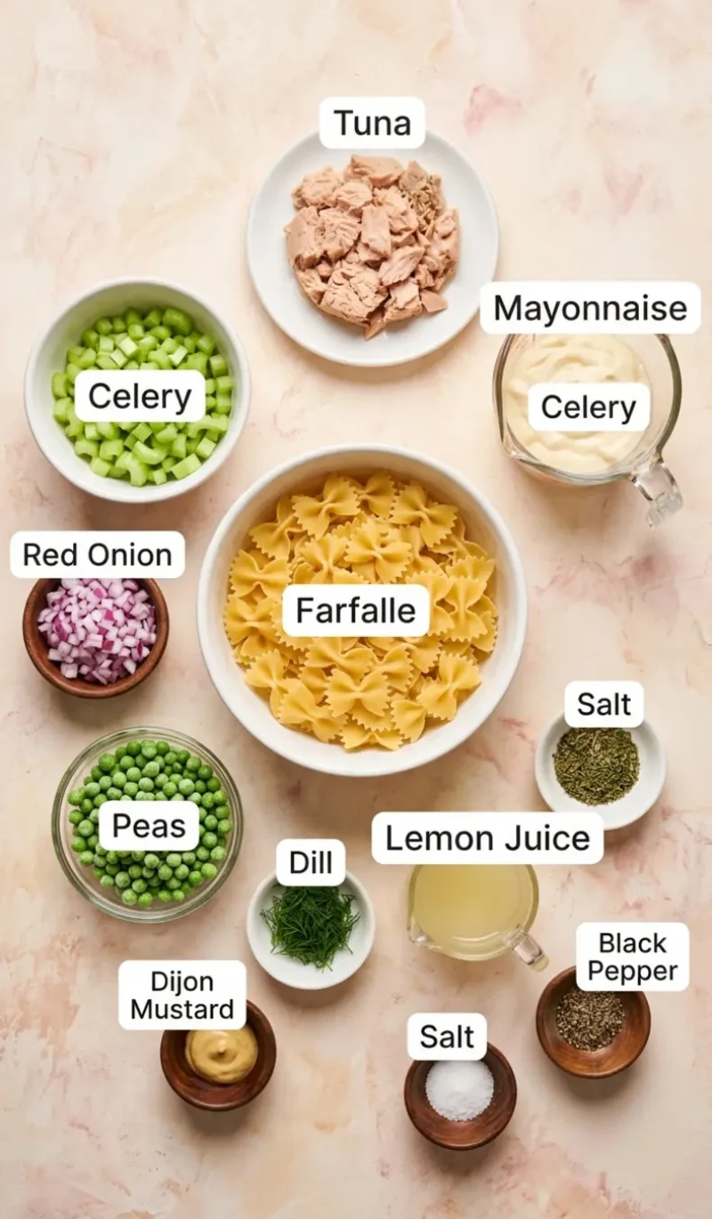 all 11 ingredients for creamy tuna pasta salad arranged on a cream and blush plaster surface, each named