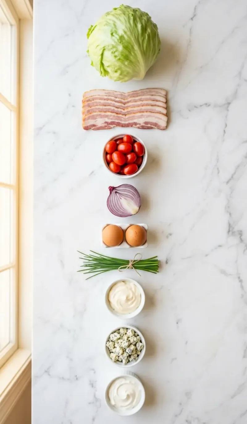 all 9 ingredients for classic wedge salad arranged vertically on white marble