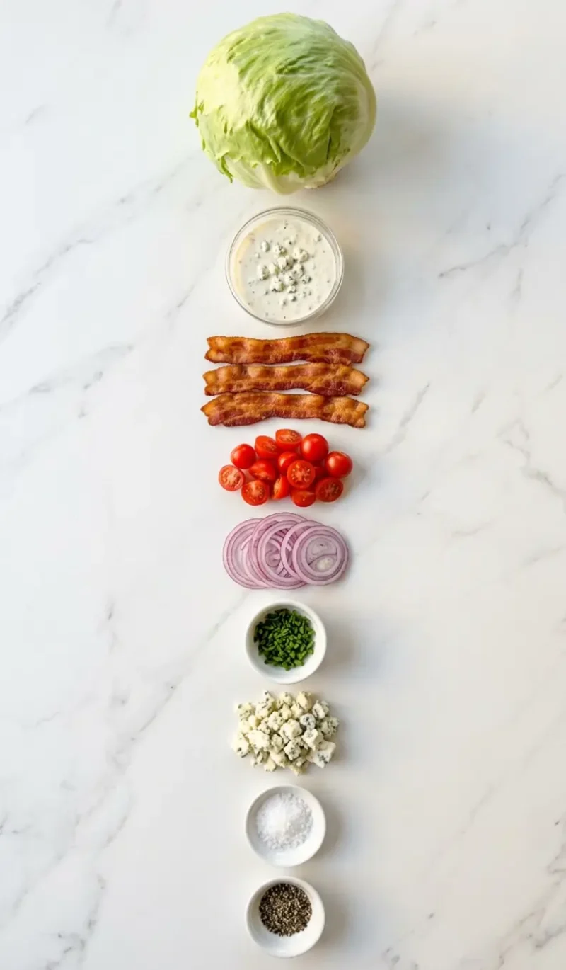Exploded view of all 9 ingredients for wedge salad arranged vertically on white marble