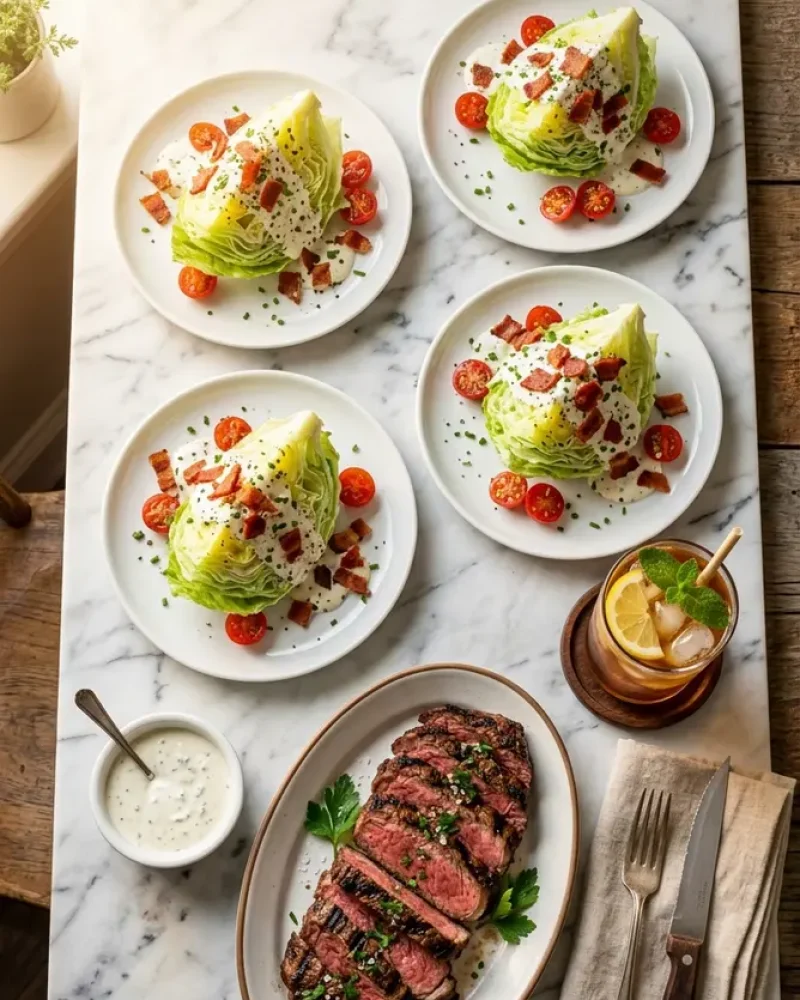 overhead view of wedge salad dinners with steak and iced tea