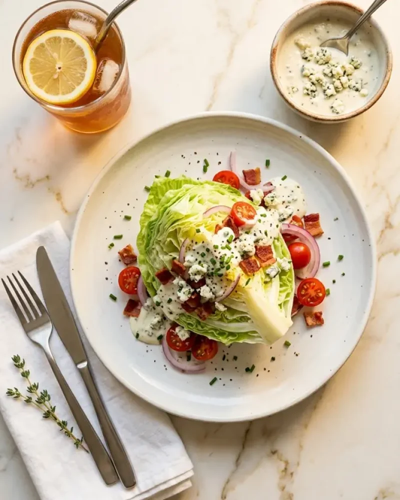 Overhead view of wedge salad with extra dressing and iced tea