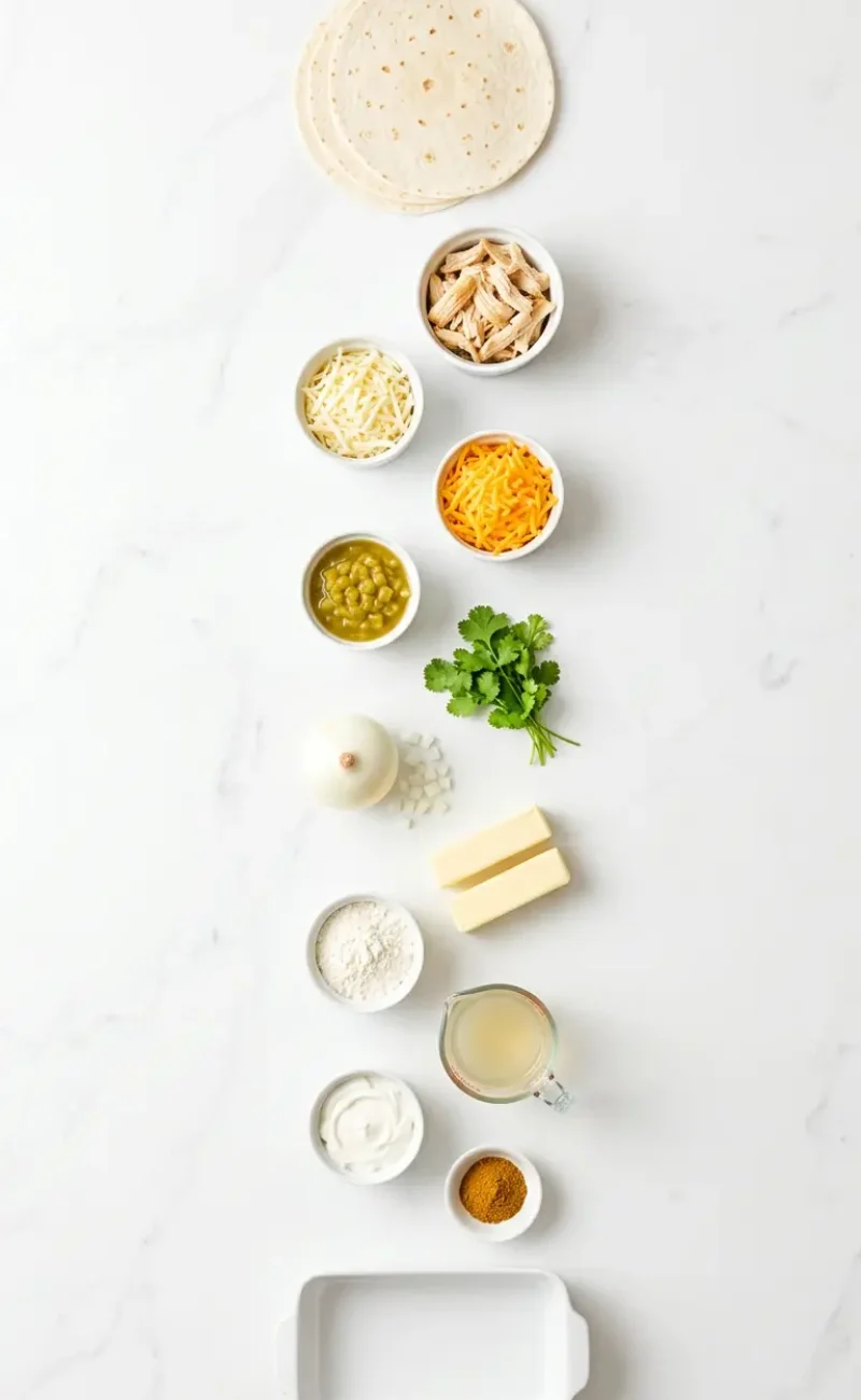 Exploded view of all 13 ingredients for white chicken enchiladas arranged vertically on white marble