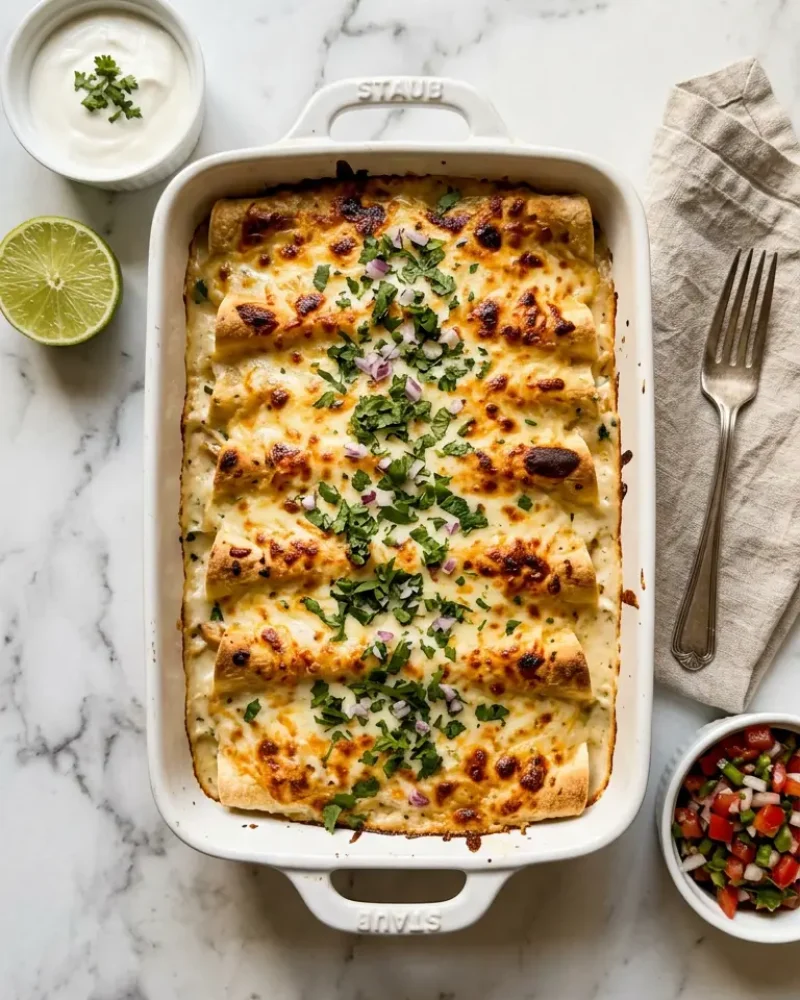 Overhead view of baked white chicken enchiladas with golden cheese served with sour cream and pico de gallo