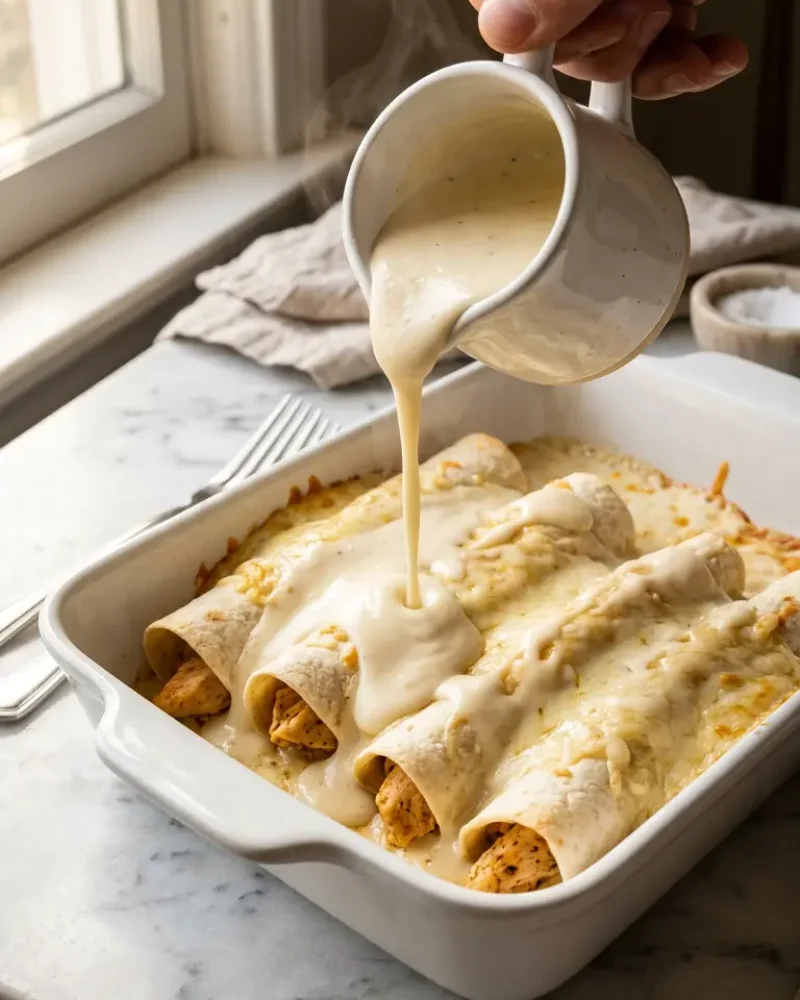 Creamy white sauce being poured over rolled chicken enchiladas in a baking dish